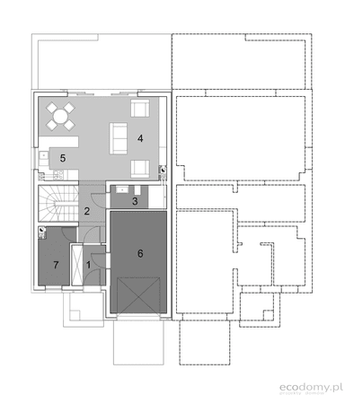 Rzut parteru w projekcie domu w zabudowie bliźniaczej Eco12
