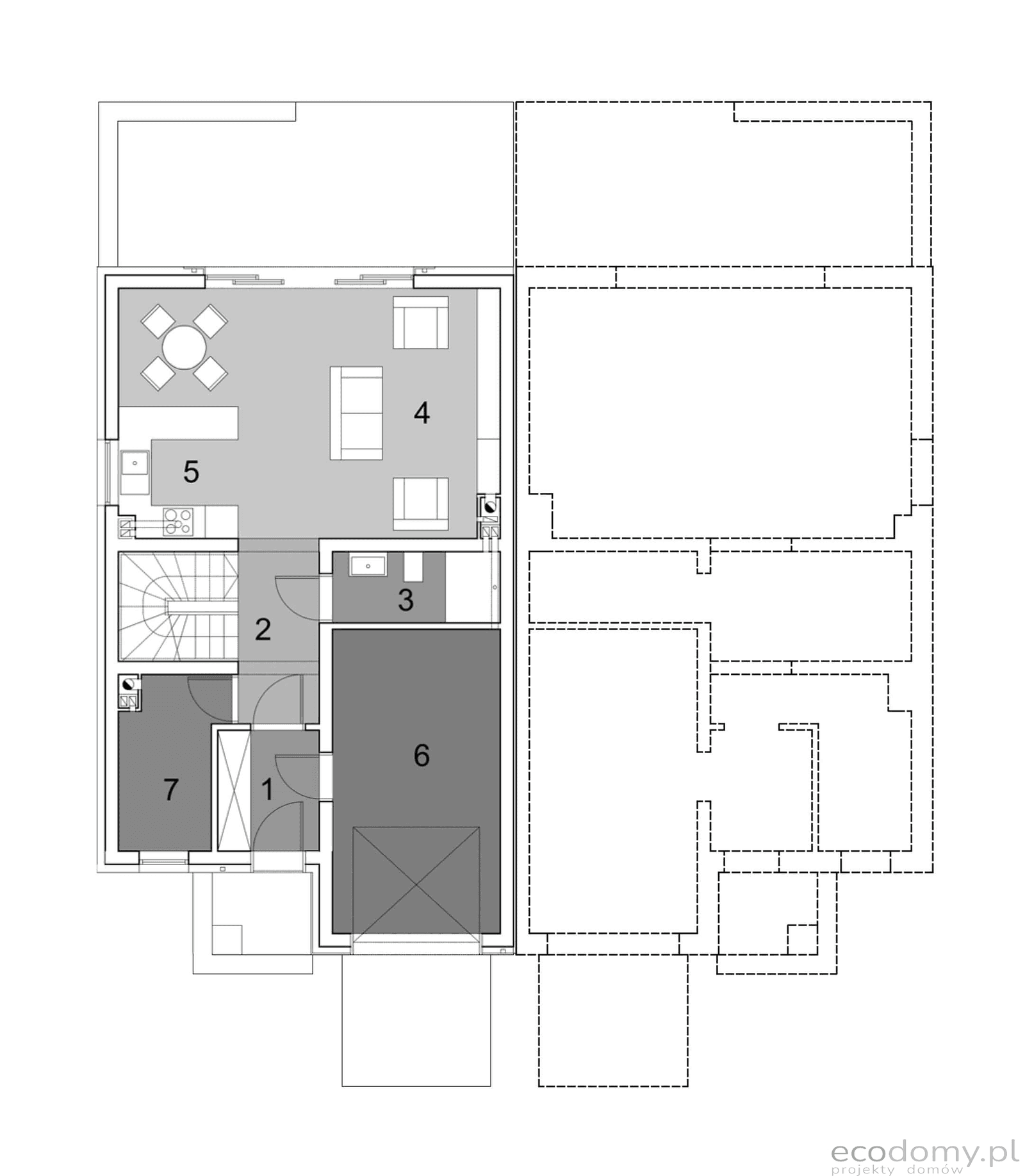 Rzut parteru w projekcie domu w zabudowie szeregowej Eco12