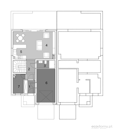 Rzut parteru w projekcie domu w zabudowie szeregowej Eco12