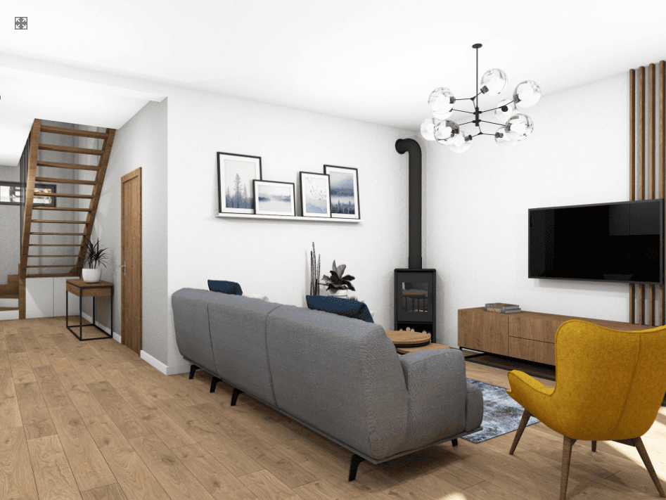 Salon i schody w projekcie domu w zabudowie bliźniaczej Eco 16