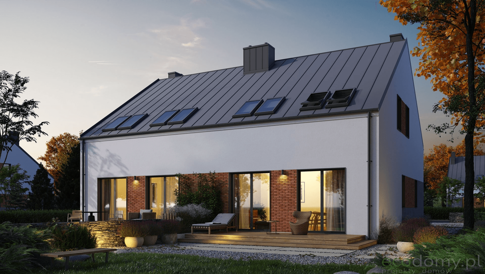 Widok na dom bliźniaka z poddaszem w nowoczesnym stylu Eco 17