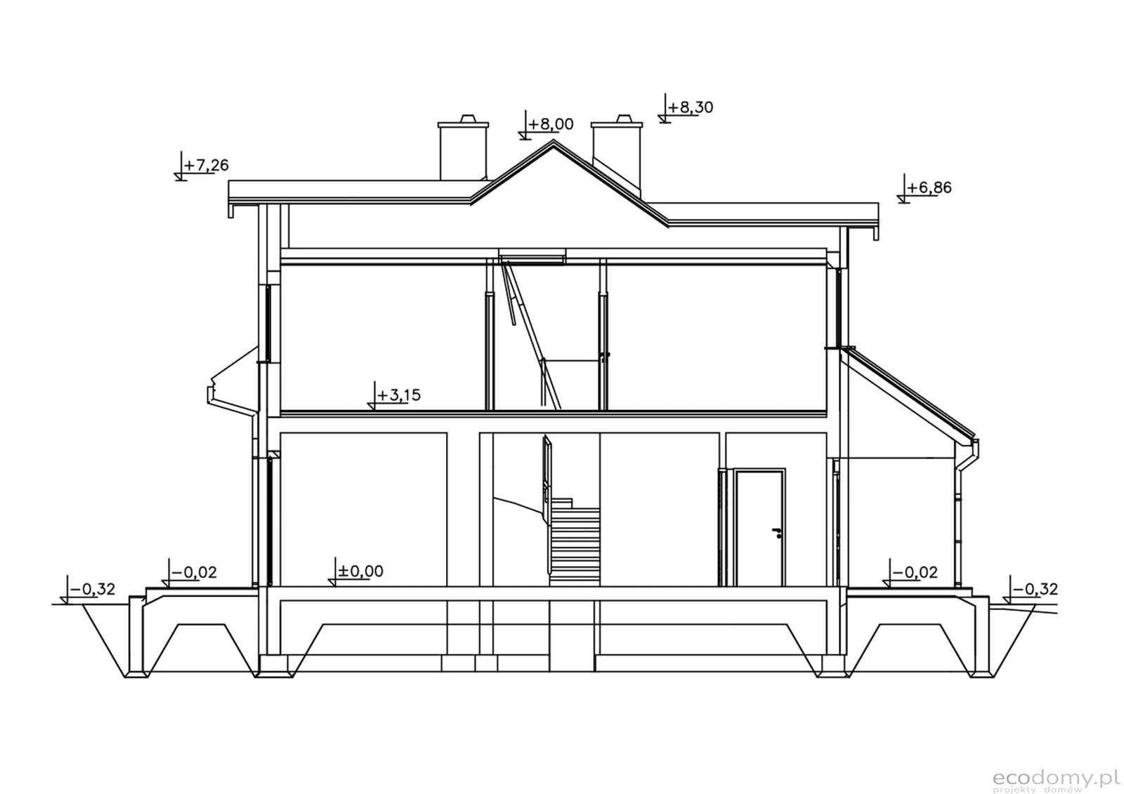 Przekrój w projekcie domu w zabudowie bliźniaczej Eco 21