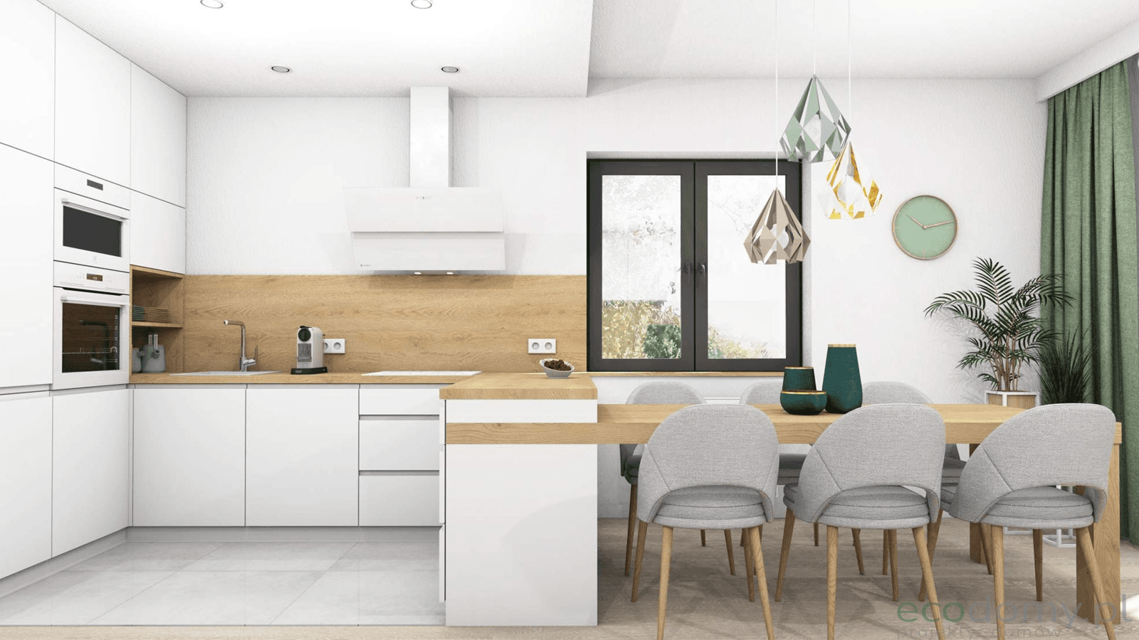 Wizualizacja wnętrza kuchni i jadalni w projekcie domu Eco 22