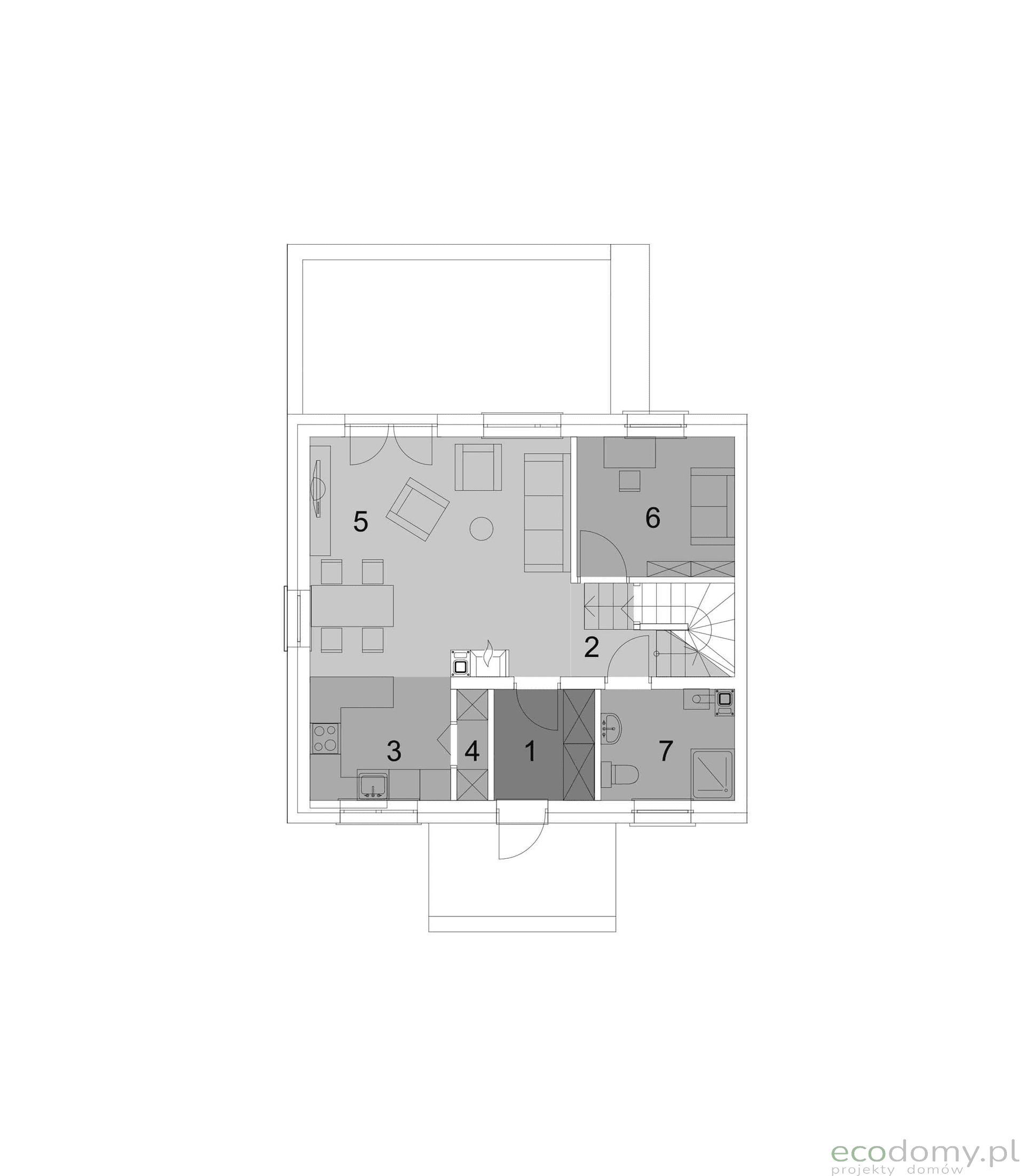 Rzut parteru w projekcie domu Eco 28