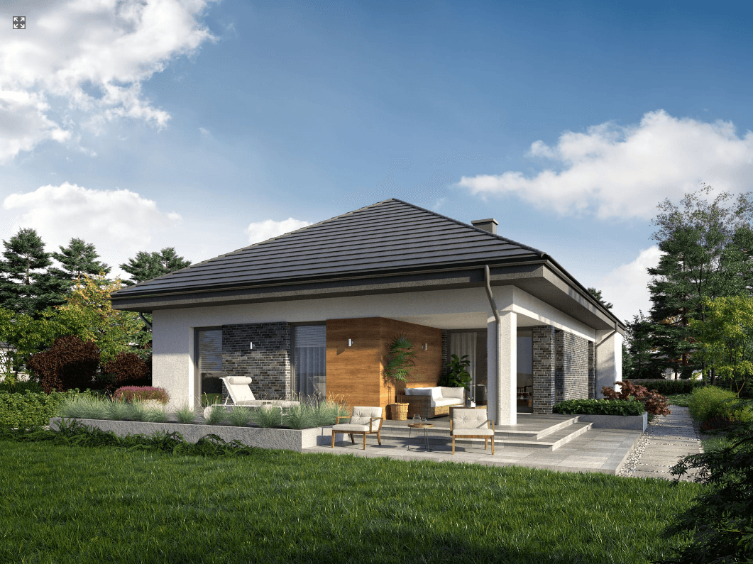 projekt domu Eco 31 wizualizacja od ogrodu i tarasu