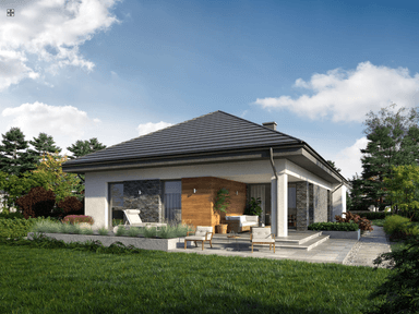 projekt domu Eco 31 wizualizacja od ogrodu i tarasu