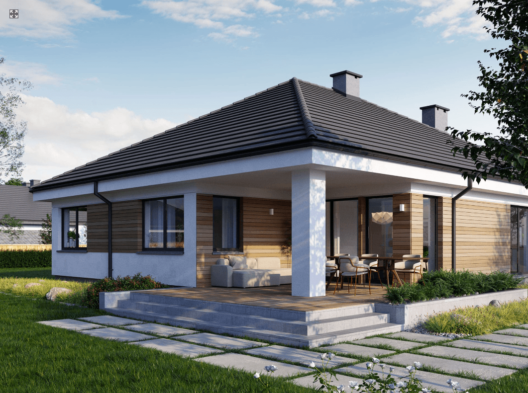 Widok na taras i podcień w projekcie domu Eco 33