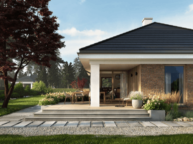 Szczegół: wizualizacja tarasu z podcieniem w projekcie domu Eco 39