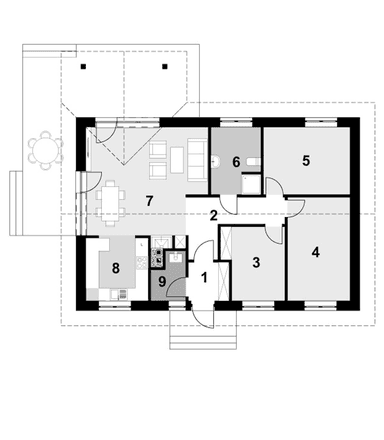 Rzut parteru w projekcie domu tani w budowie projekt Eco 03