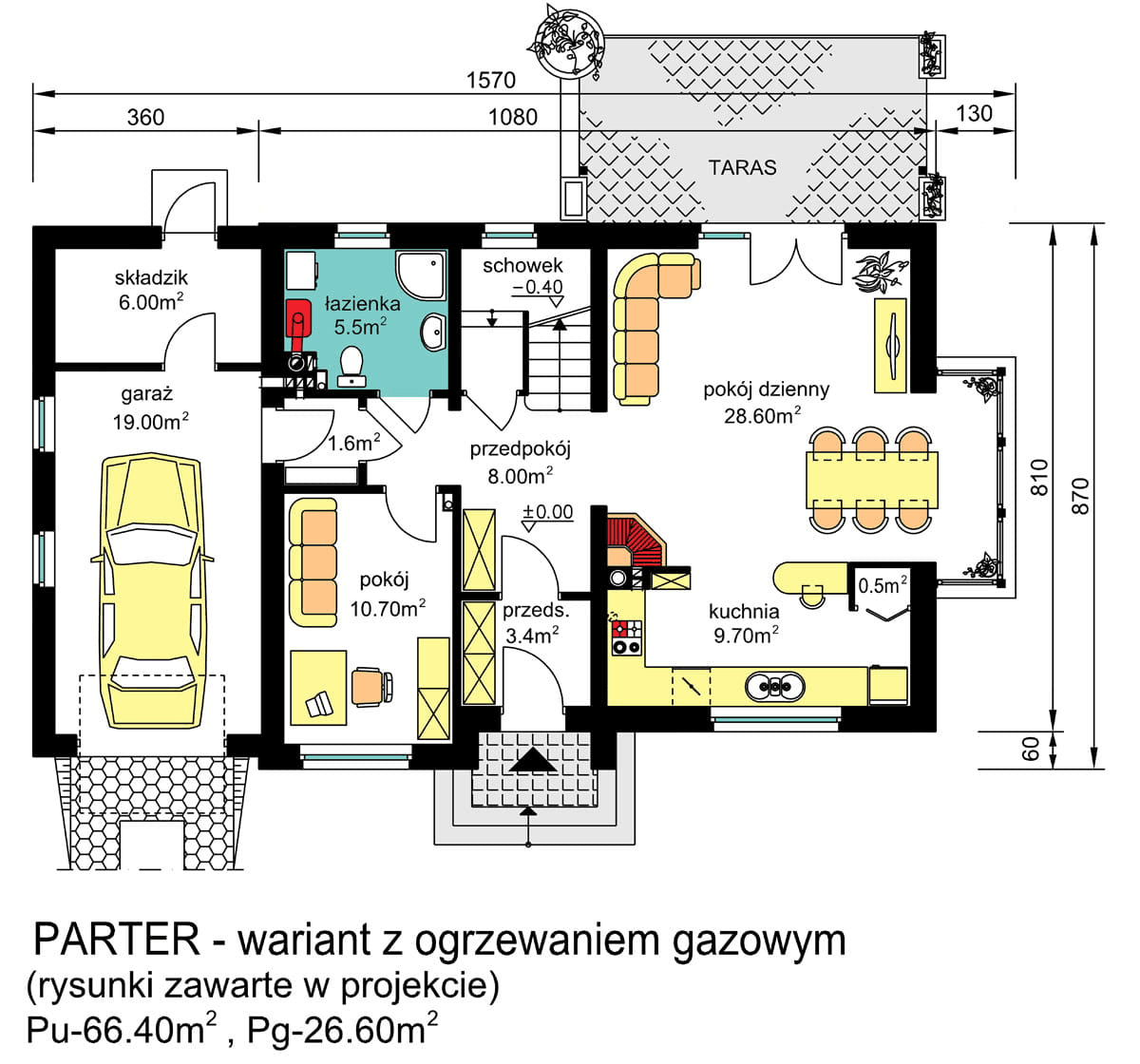 Rzut parteru domu jednorodzinnego BW-03 wariant 2 ogrzewanie gazowe