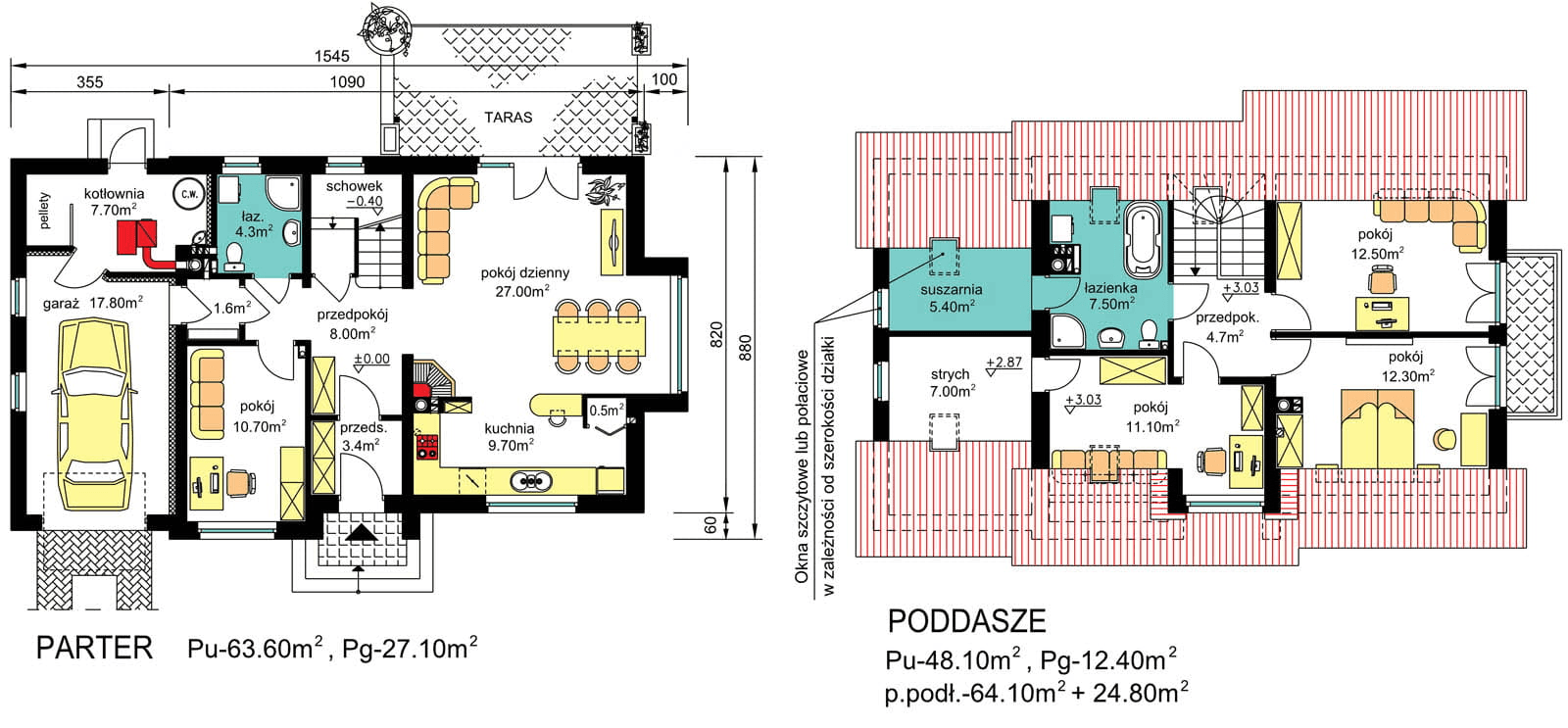 rzuty parteru oraz poddasza domu jednorodzinnego BW-03 wariant 1