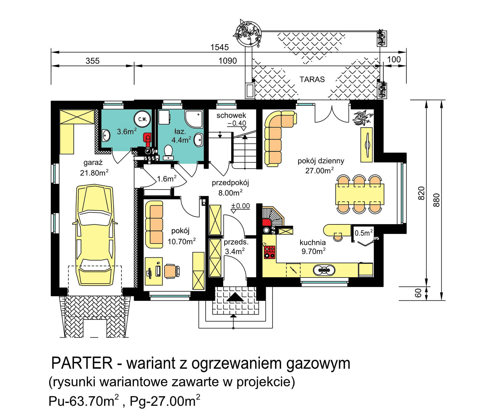 rzut parter domu jednorodzinnego BW-03 wariant 1 z ogrzewaniem gazowym