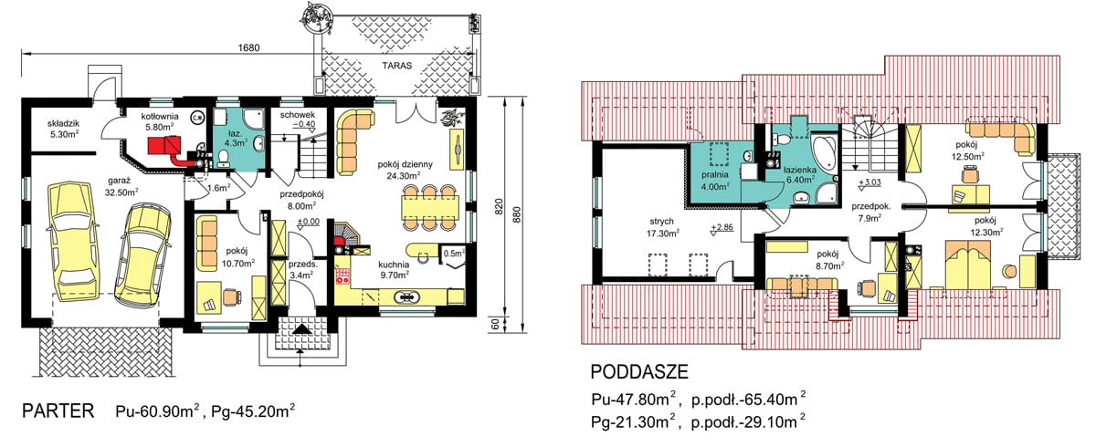 rzuty parteru oraz poddasza domu jednorodzinnego BW-03 wariant 5