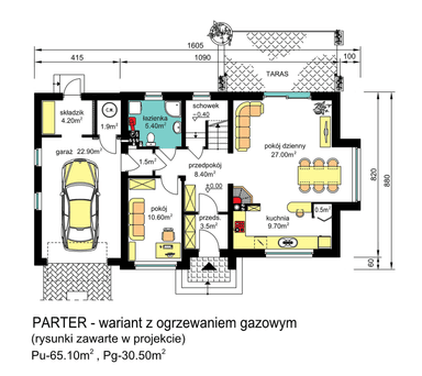 Rzut parteru domu jednorodzinnego BW-03 wariant 8 ogrzewanie gazowe