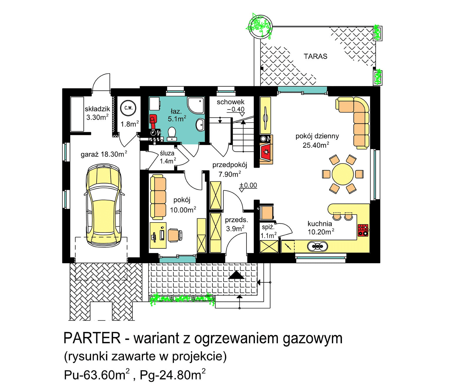 Rzut parteru domu jednorodzinnego BW-03 wariant 9 ogrzewanie gazowe