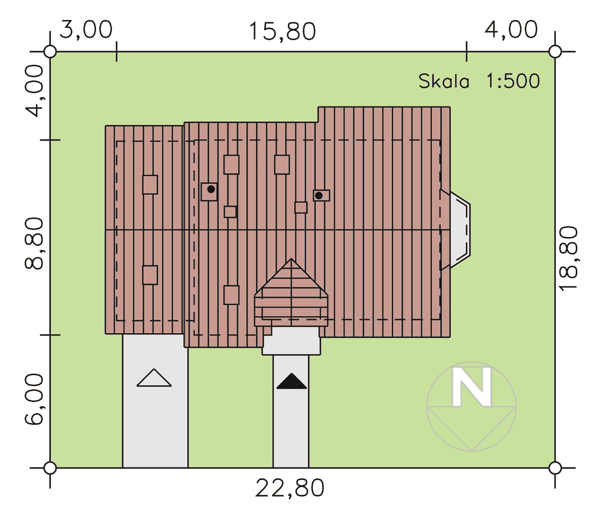 Rzuty usytuowania domu jednorodzinnego BW-03 z balkonem frontowym na działce