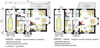 Rzuty parteru domu jednorodzinnego BW-03 z balkonem frontowym