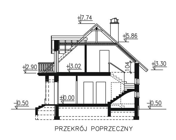 Przekrój domu jednorodzinnego BW-03 z balkonem frontowym