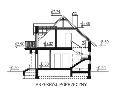 Przekrój domu jednorodzinnego BW-03 z balkonem frontowym