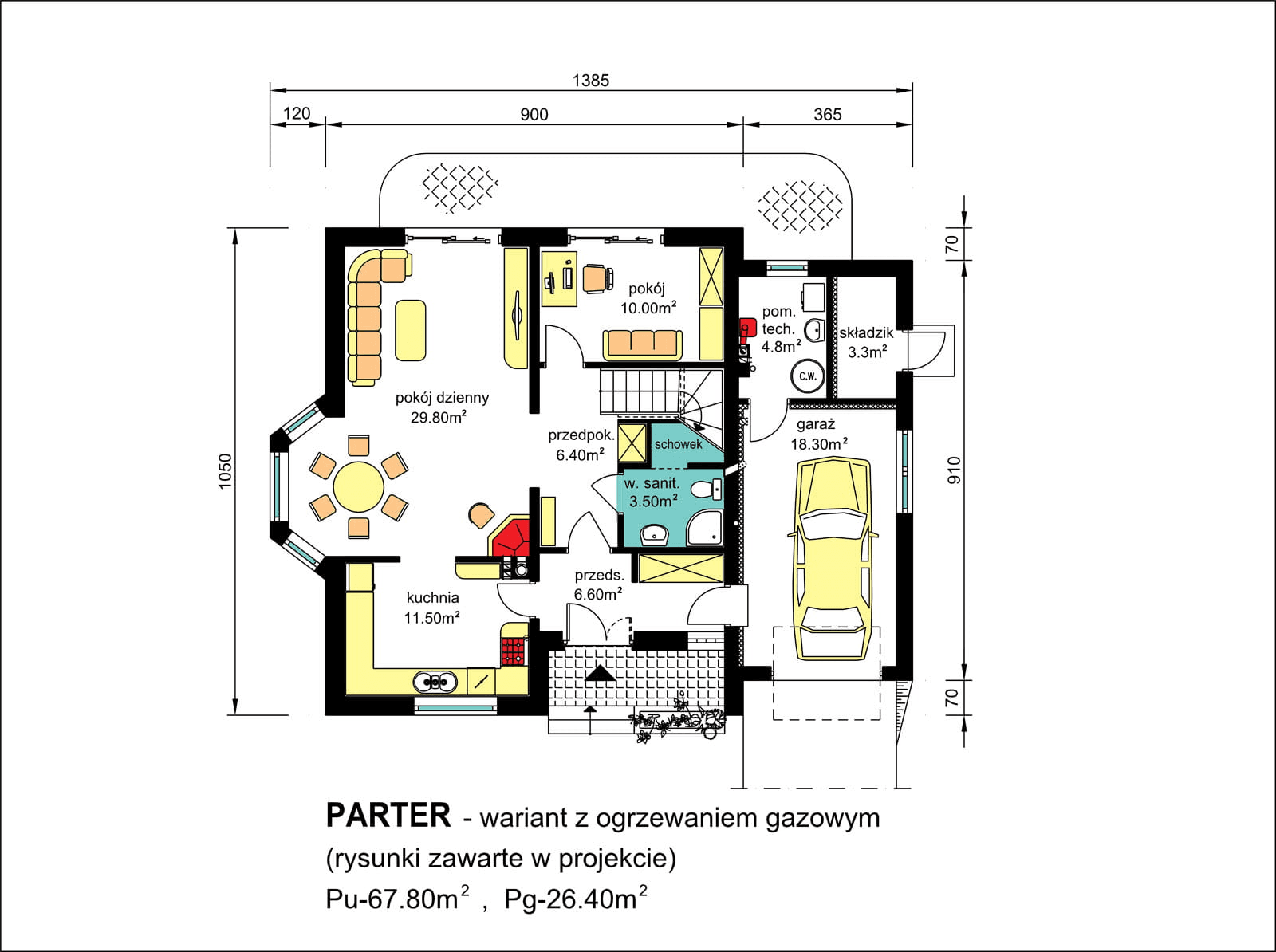 rzut parteru domu jednorodzinnego BW-10 wariant 4 z ogrzewaniem gazowym