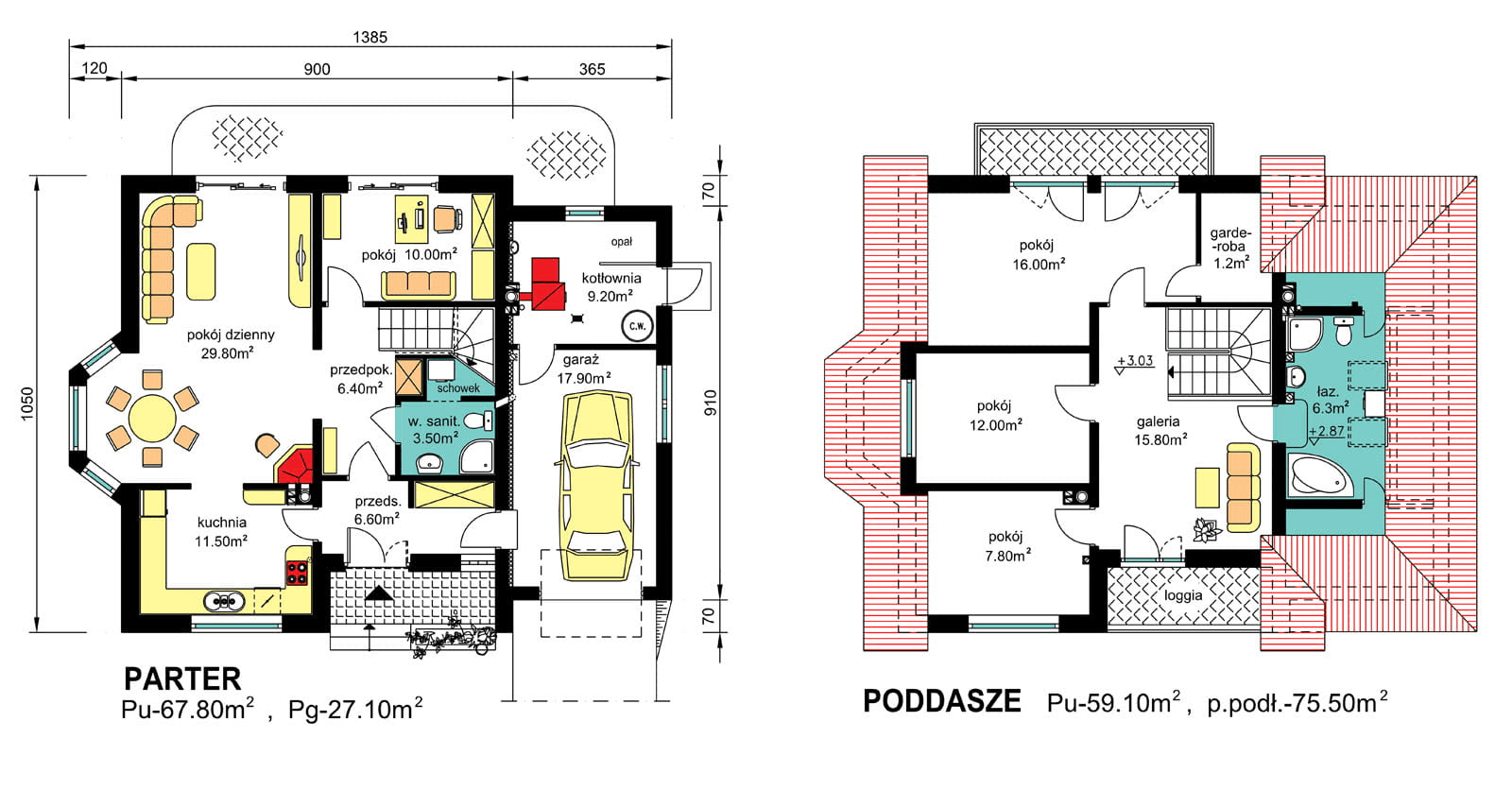 rzuty parteru oraz poddasza domu jednorodzinnego BW-10 wariant 4