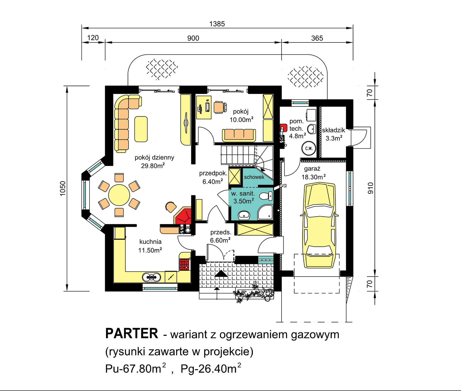 rzut parteru domu jednorodzinnego BW-10 wariant 5 z ogrzewaniem gazowym