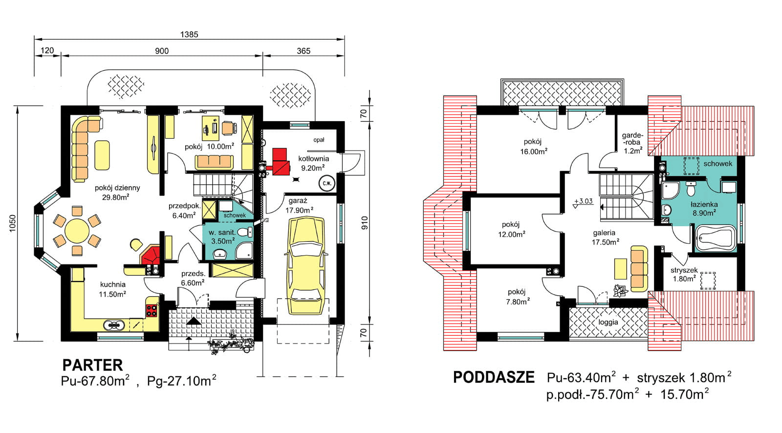 rzuty parteru oraz poddasza domu jednorodzinnego BW-10 wariant 5