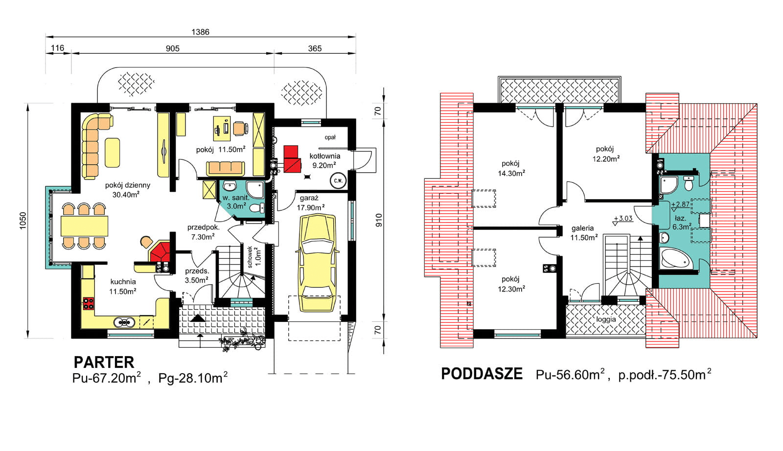 rzuty parteru oraz poddasza domu jednorodzinnego BW-10 wariant 6