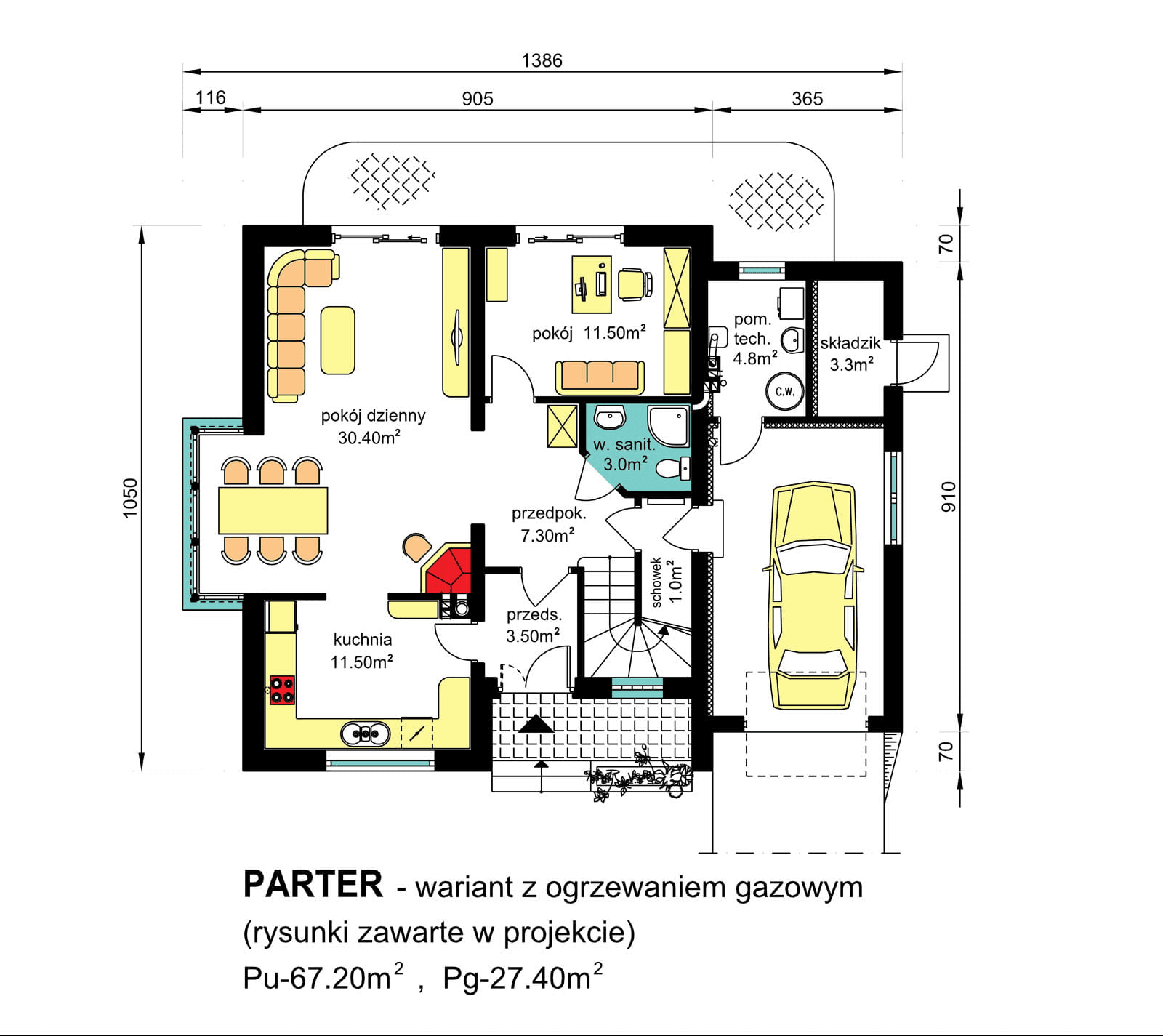 rzut parteru domu jednorodzinnego BW-10 wariant 6 z ogrzewaniem gazowym