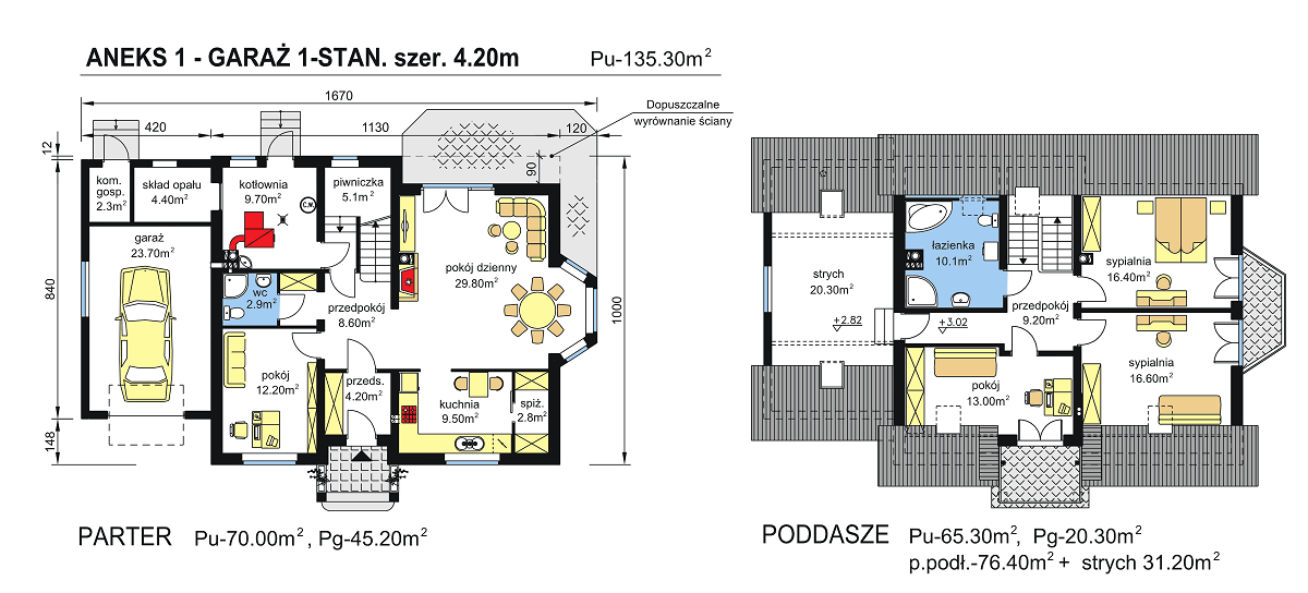 rzuty parteru oraz poddasza domu jednorodzinnego BW-12 - wersja aneks + garaż 1-stanowiskowy