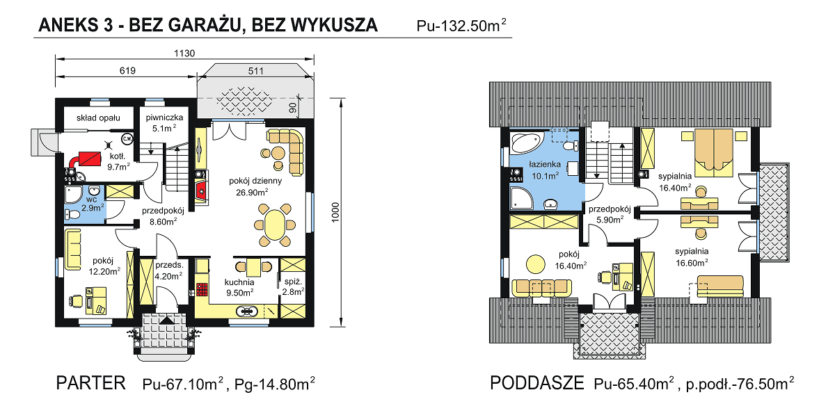 rzuty parteru oraz poddasza domu jednorodzinnego BW-12 garaż 2 stanowiskowy - wersja aneks 3 - bez garażu bez wykusza