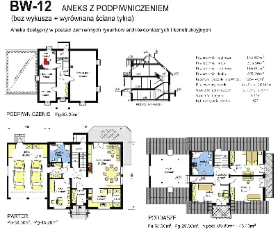 rzuty parteru oraz poddasza domu jednorodzinnego BW-12 garaż 2 stanowiskowy - aneks z podpiwniczeniem