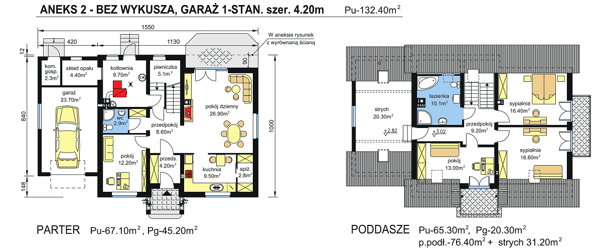 rzuty parteru oraz poddasza domu jednorodzinnego BW-12 garaż 2 stanowiskowy - wersja aneks 2 - bez wykusza, garaż 1-stanowiskowy
