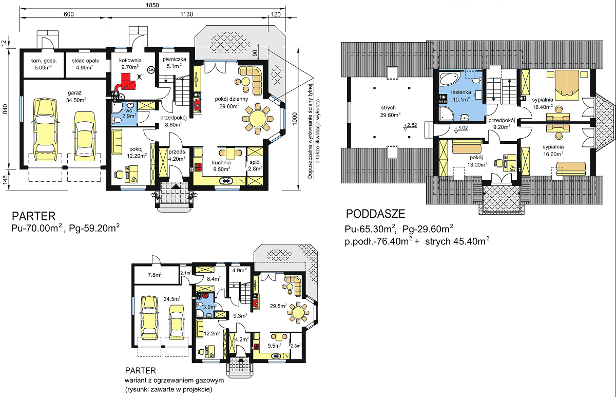 rzuty parteru oraz poddasza domu jednorodzinnego BW-12 garaż 2 stanowiskowy