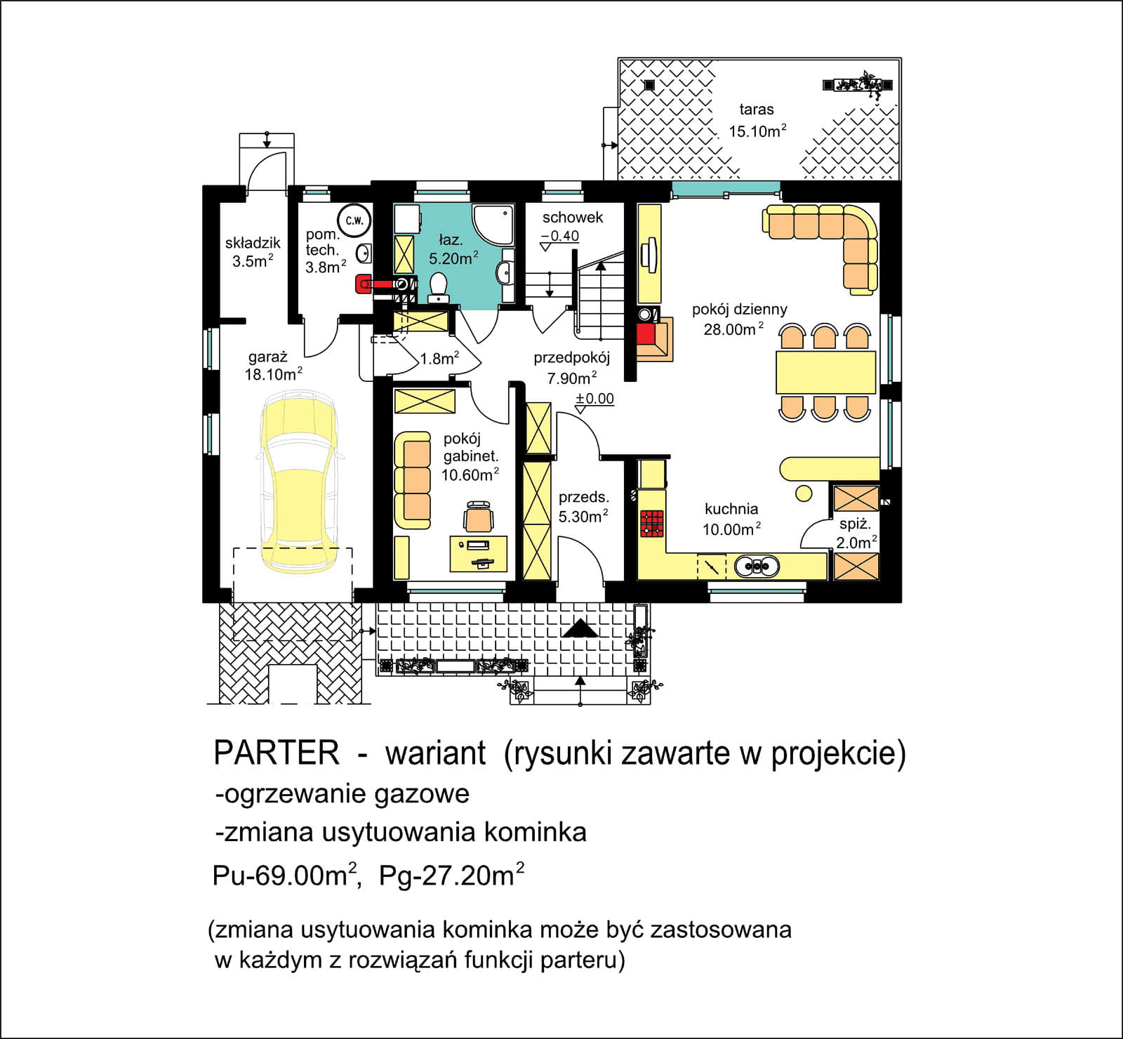 Rzut parteru domu jednorodzinnego BW-17 wariant 2 ogrzewanie gazowe