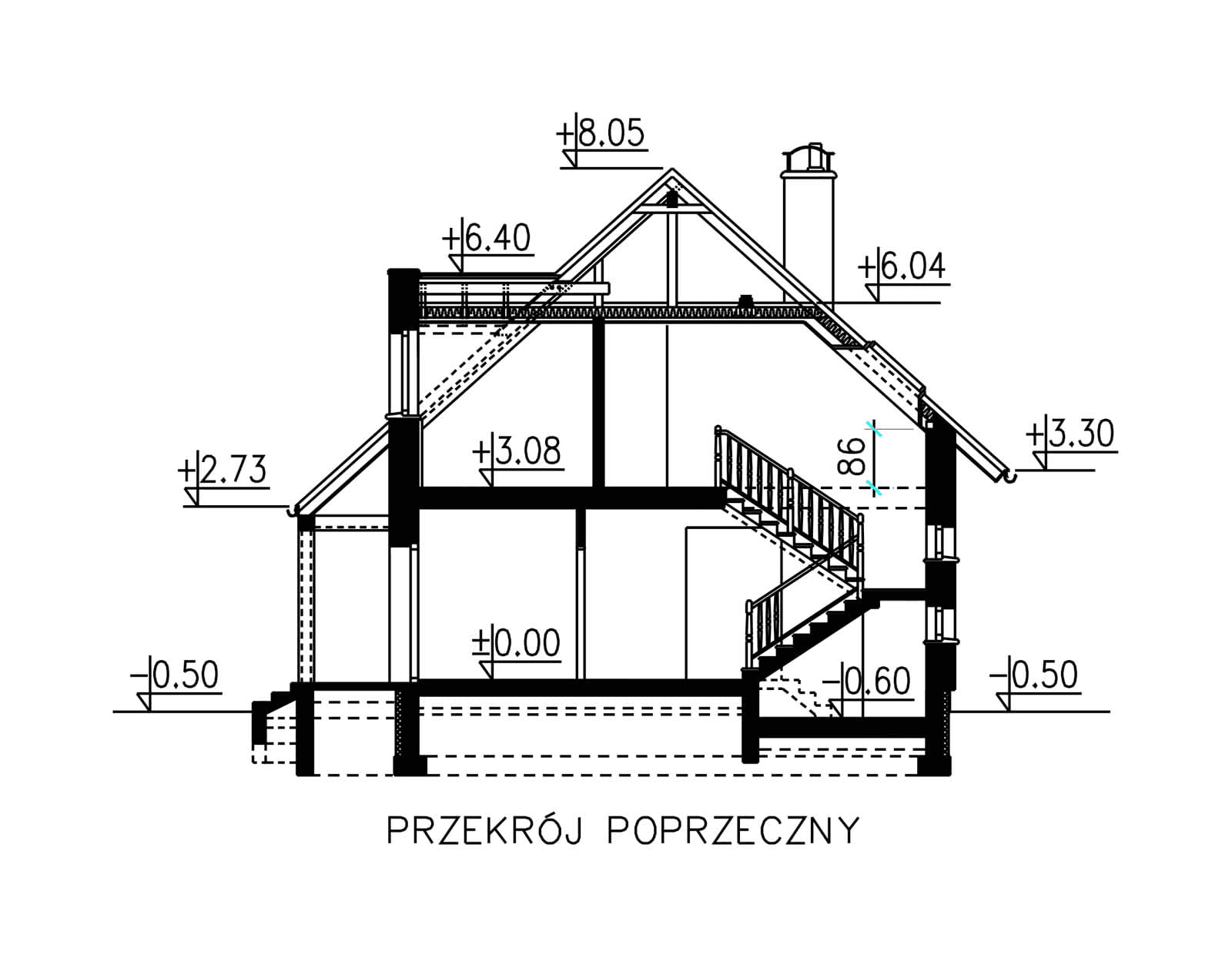Przekrój domu jednorodzinnego BW-17 wariant 2