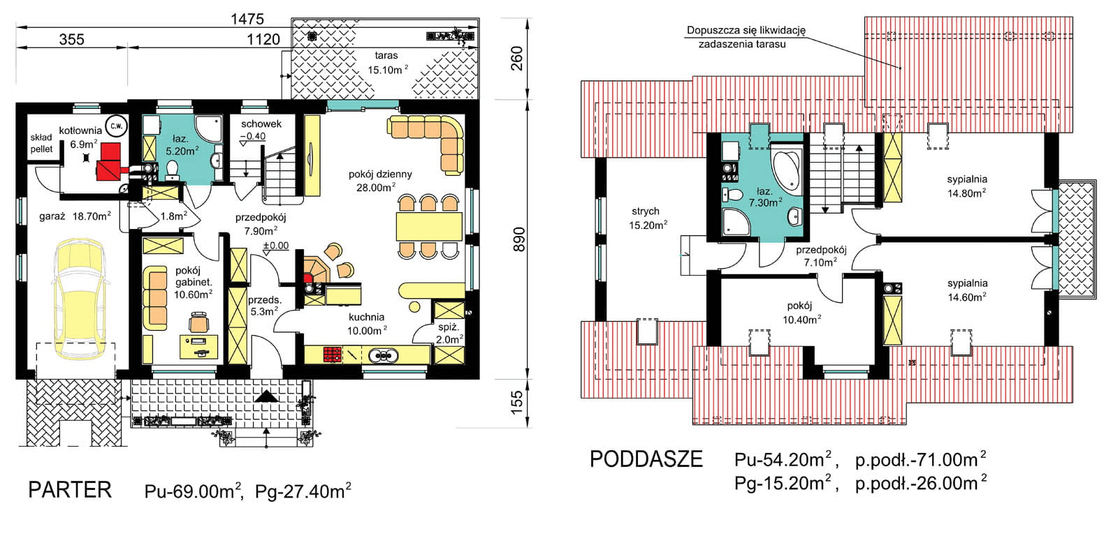 Rzuty parter/poddasze domu BW-17 wariant 2