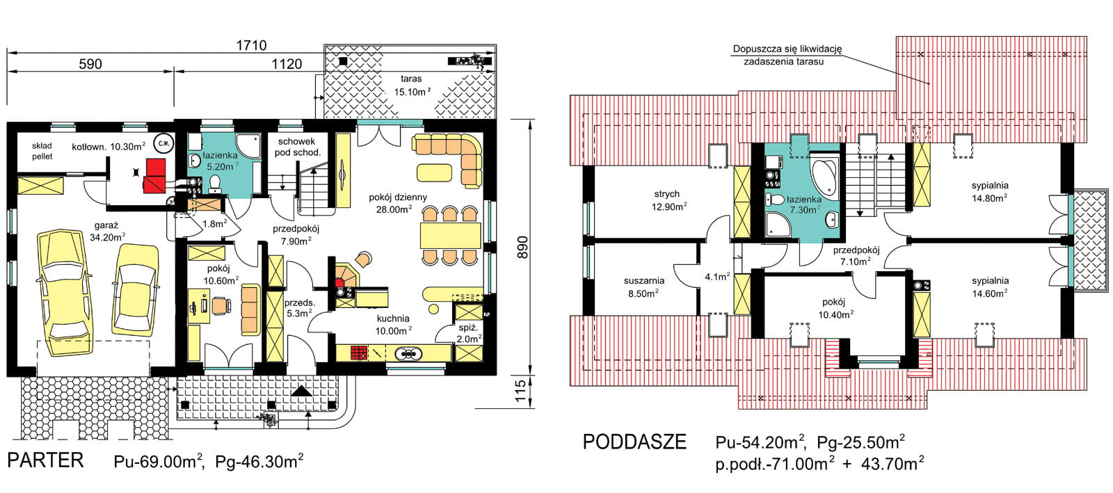 rzuty parteru oraz poddasza domu jednorodzinnego BW-17 wariant 3