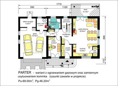 rzut parteru domu jednorodzinnego BW-17 wariant 3 z ogrzewaniem gazowym oraz zamiennym usytuowaniem kominka