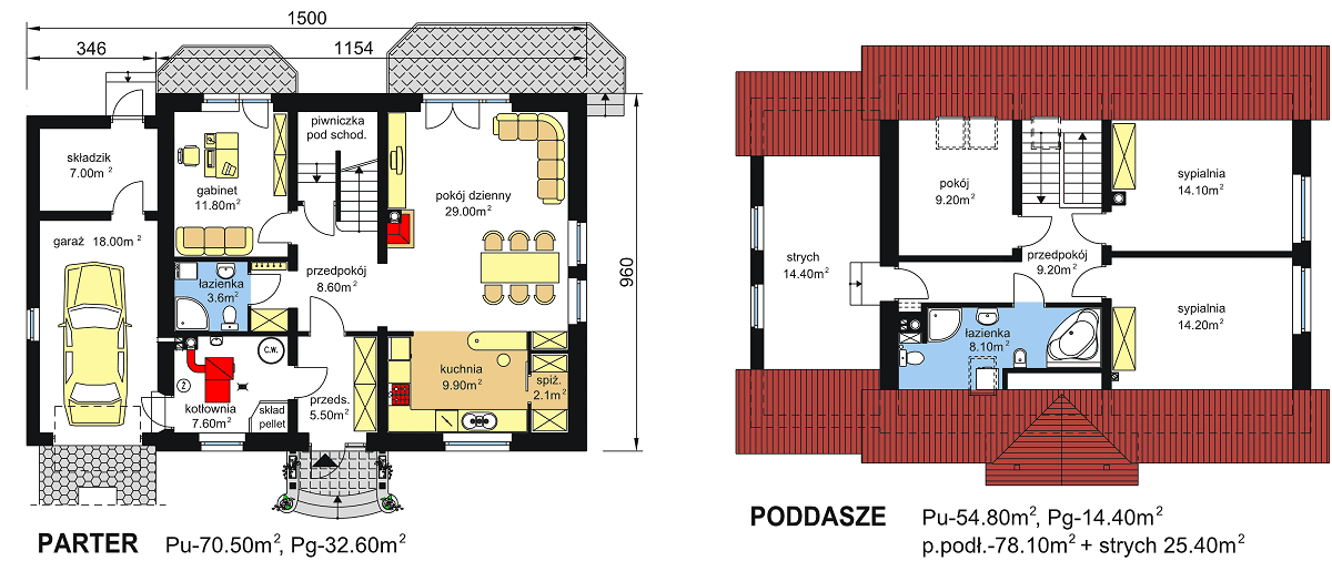 rzuty parteru oraz poddasza domu jednorodzinnego BW-20