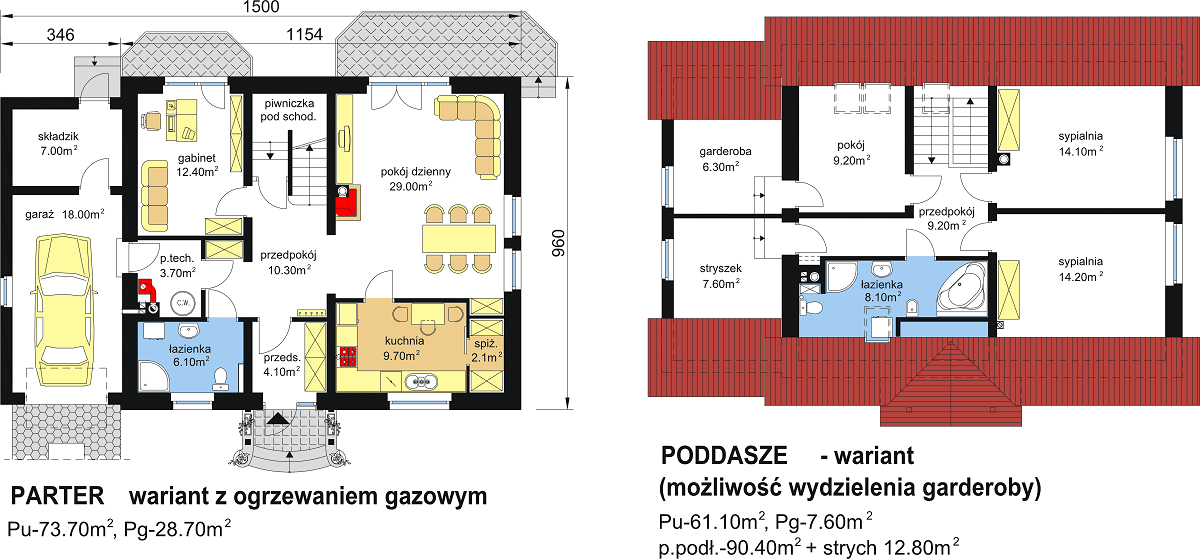 rzuty parteru oraz poddasza domu jednorodzinnego BW-20 wariant z ogrzewaniem gazowym oraz możliwością wydzielenia garderoby