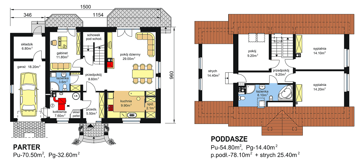 rzuty parteru oraz poddasza domu jednorodzinnego BW-20 wariant 1 energooszczędny