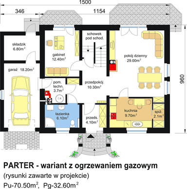 rzut parteru domu jednorodzinnego BW-20 wariant 1 energooszczędny wariant z ogrzewaniem gazowym