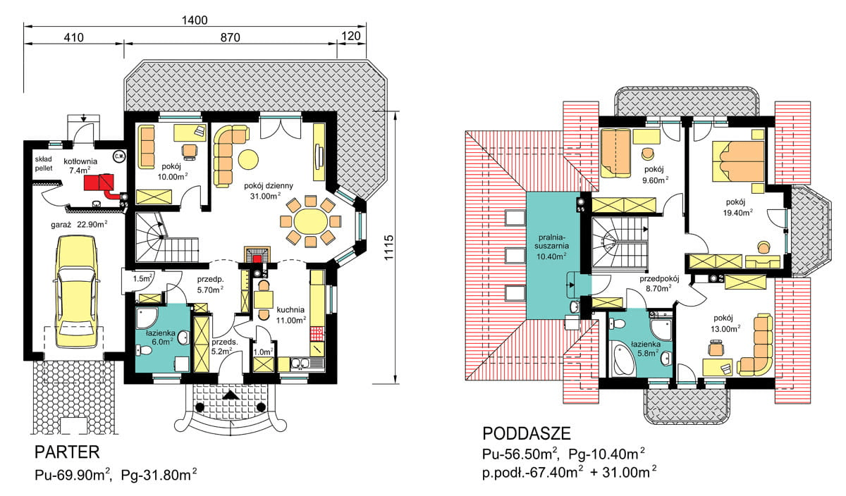 rzuty parteru oraz poddasza domu jednorodzinnego BW-23 wariant garaż 1st