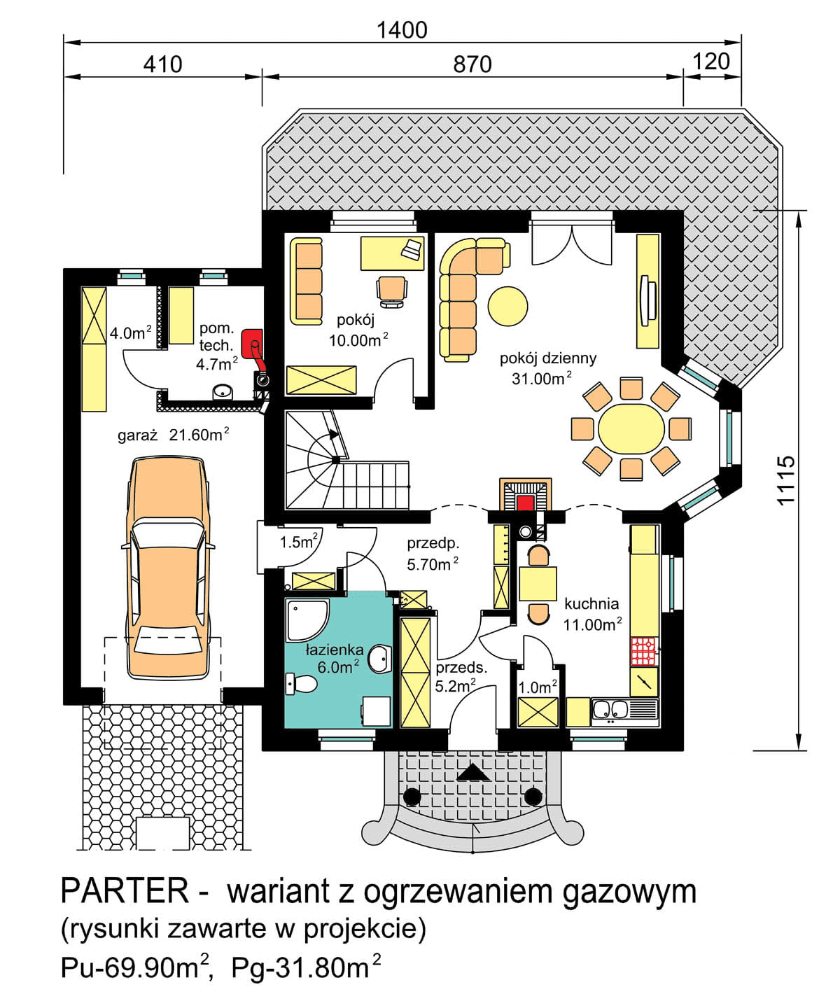 rzut parteru domu jednorodzinneg BW-23 wariant garaż 1st - wariant z ogrzewaniem gazowym