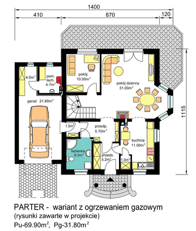 rzut parteru domu jednorodzinneg BW-23 wariant garaż 1st - wariant z ogrzewaniem gazowym