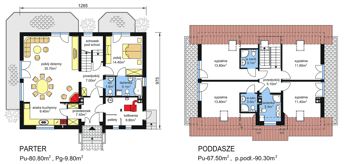 rzuty parteru oraz poddasza domu jednorodzinnego BW-24