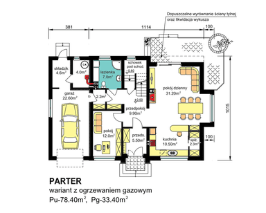 rzut parteru domu jednorodzinnego BW-27 wariant z ogrzewaniem gazowym