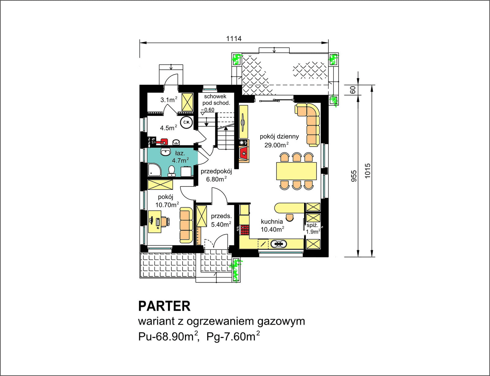 rzut parteru domu jednorodzinnego BW-27 wariant 1 z ogrzewaniem gazowym