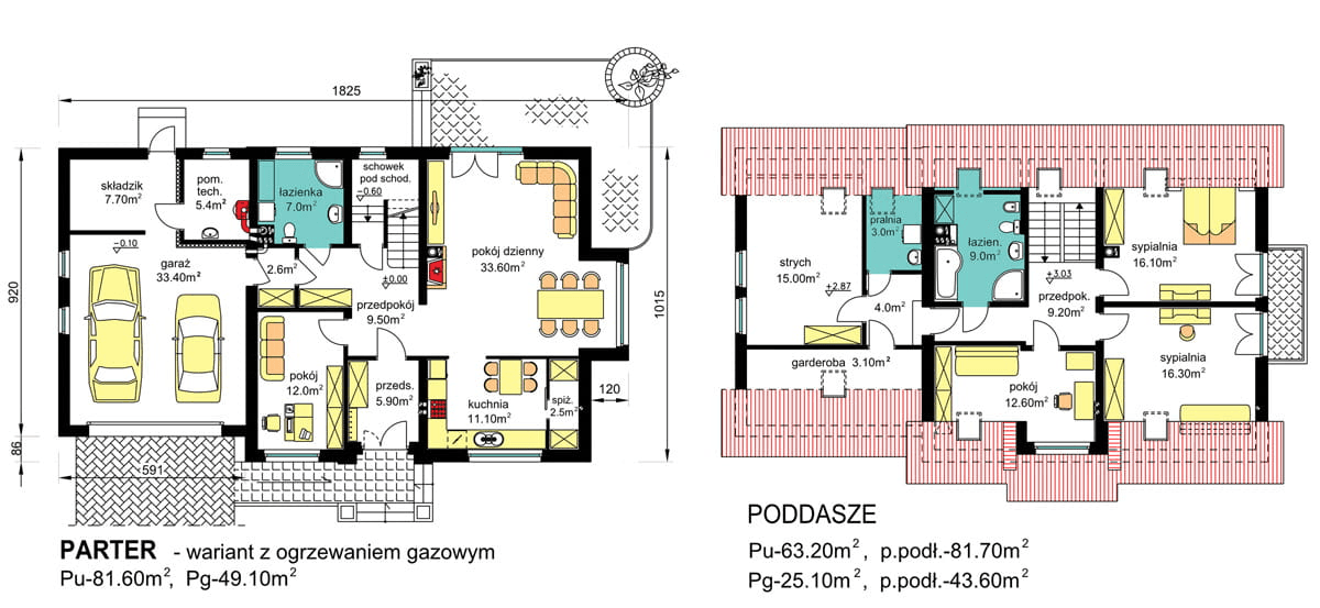 rzuty parteru oraz poddasza domu jednorodzinnego BW-27 wariant 2
